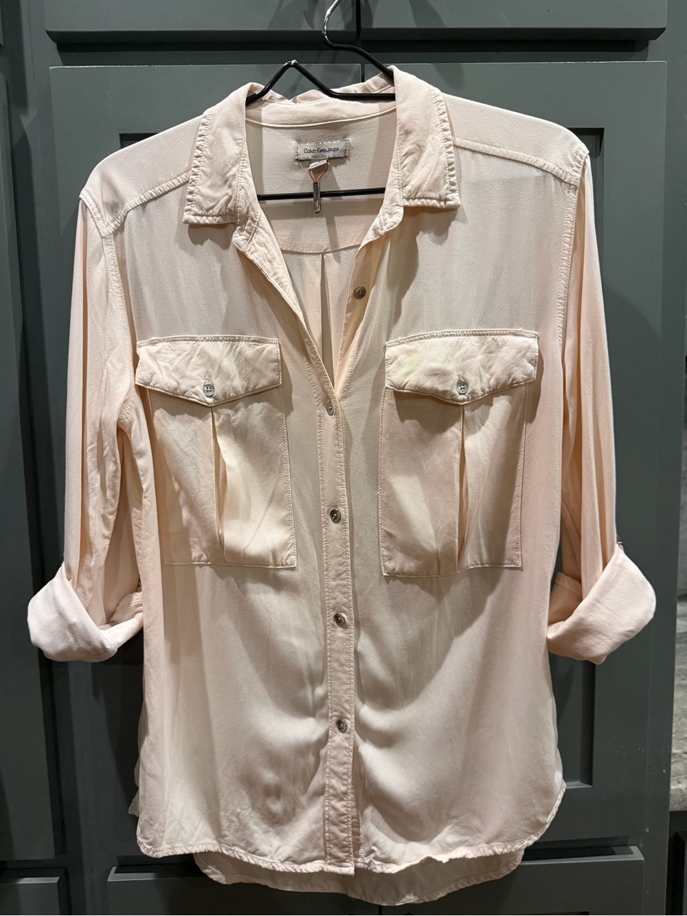 Vintage CK Jeans Oversized Pocket Utility Shirt with Roll Tab Sleeves Peach Pink